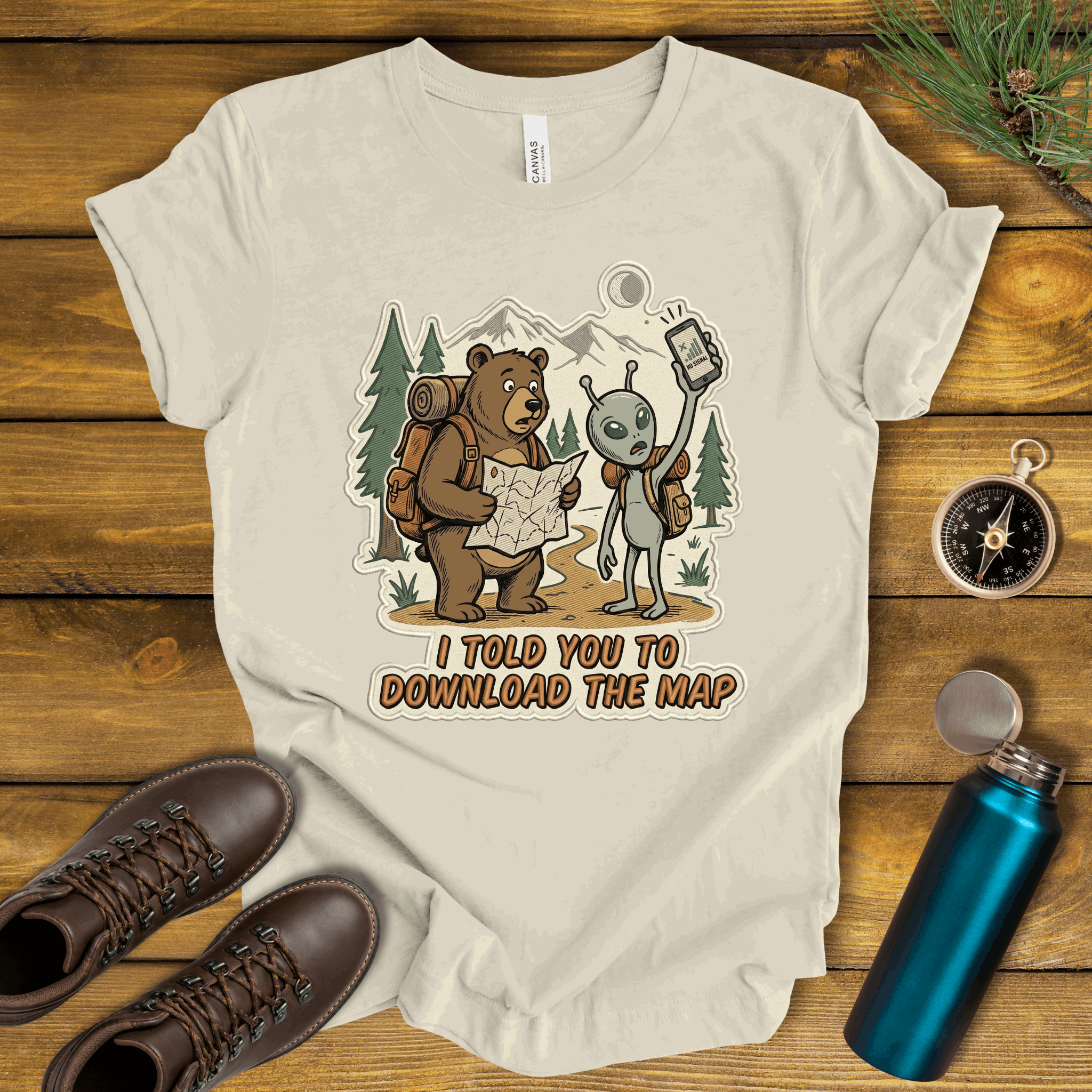 Hiking Bear & Alien Funny T‑Shirt